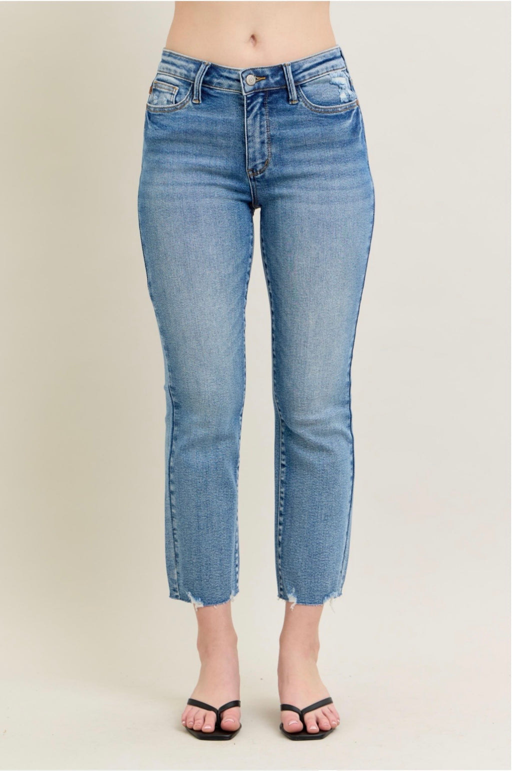 Judy Blue Vintage Wash Destroy Hem Kick Flare Crop Denim