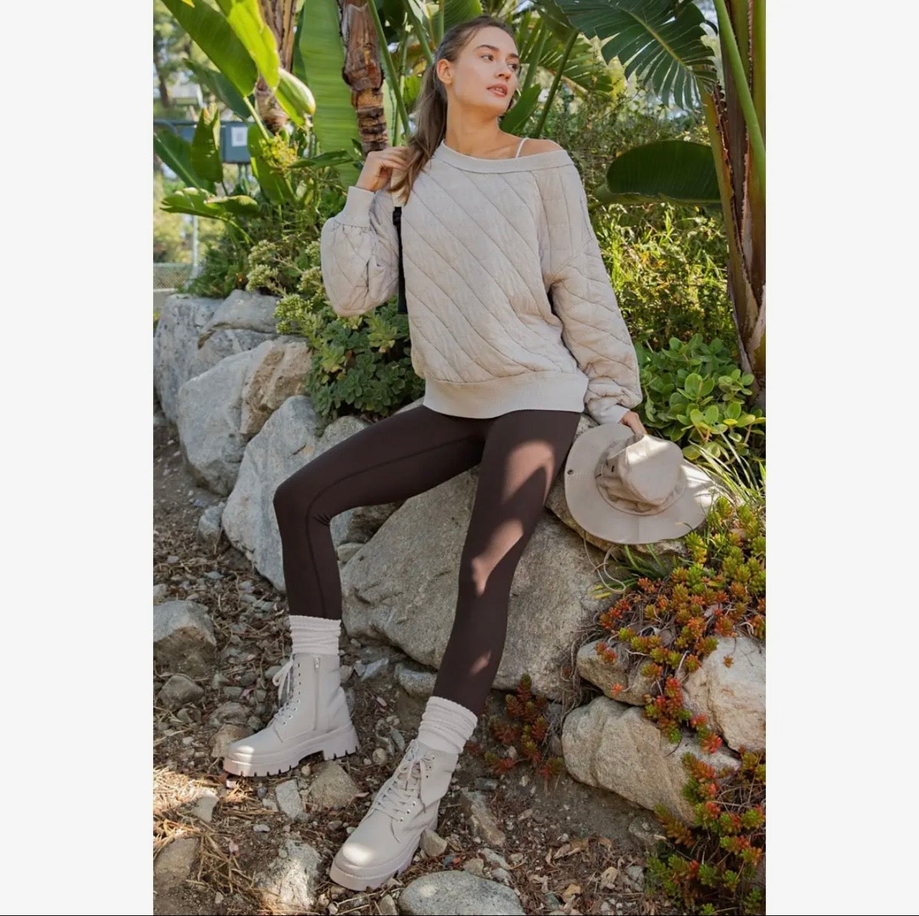 Mineral Wash Quilted Off Shoulder Sweatshirt