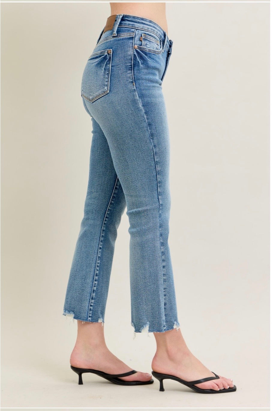 Judy Blue Vintage Wash Destroy Hem Kick Flare Crop Denim