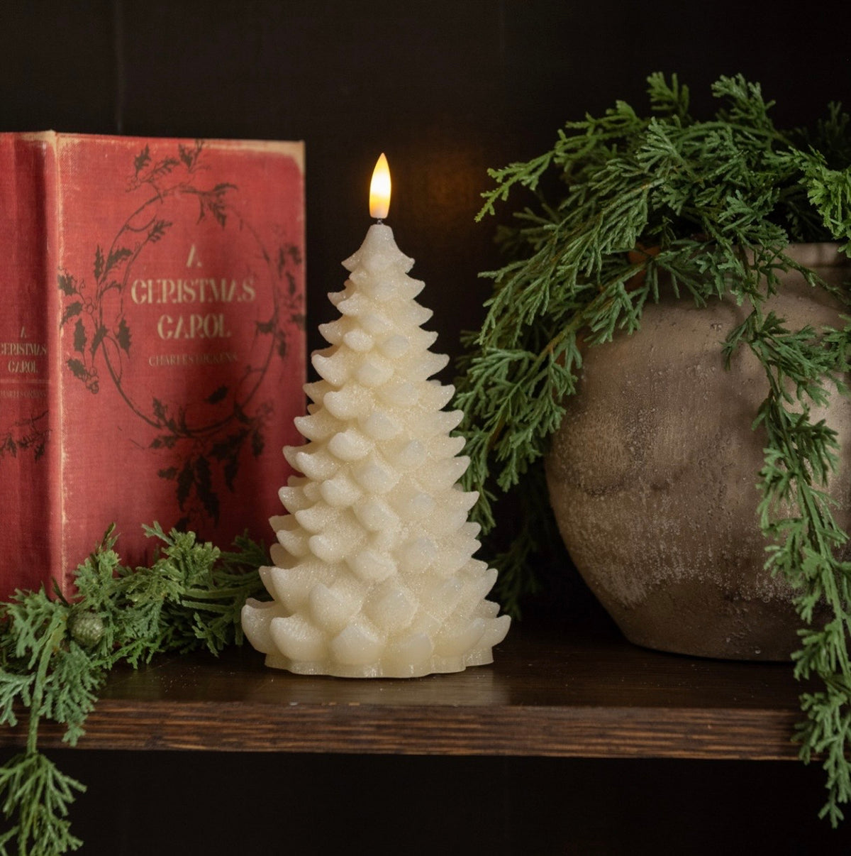 8" CREAM SHIMMER 3D FLAME BALSAM TREE CANDLE