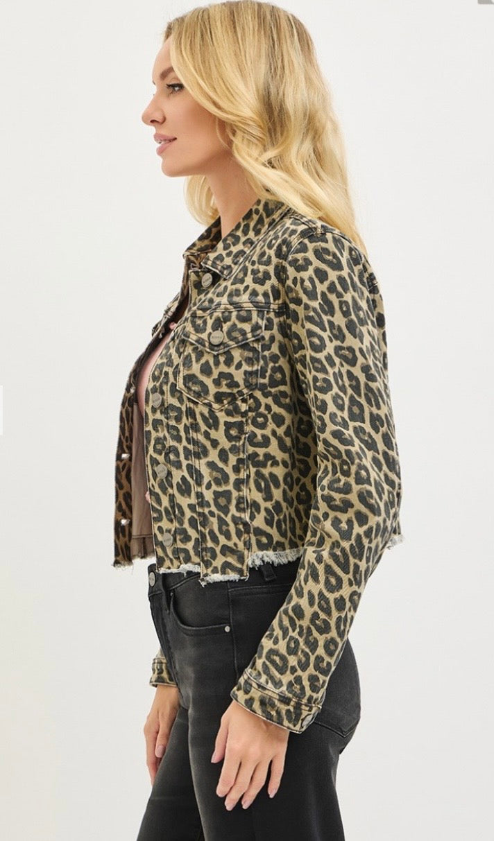 Risen Leopard Frayed Hem Denim Jacket