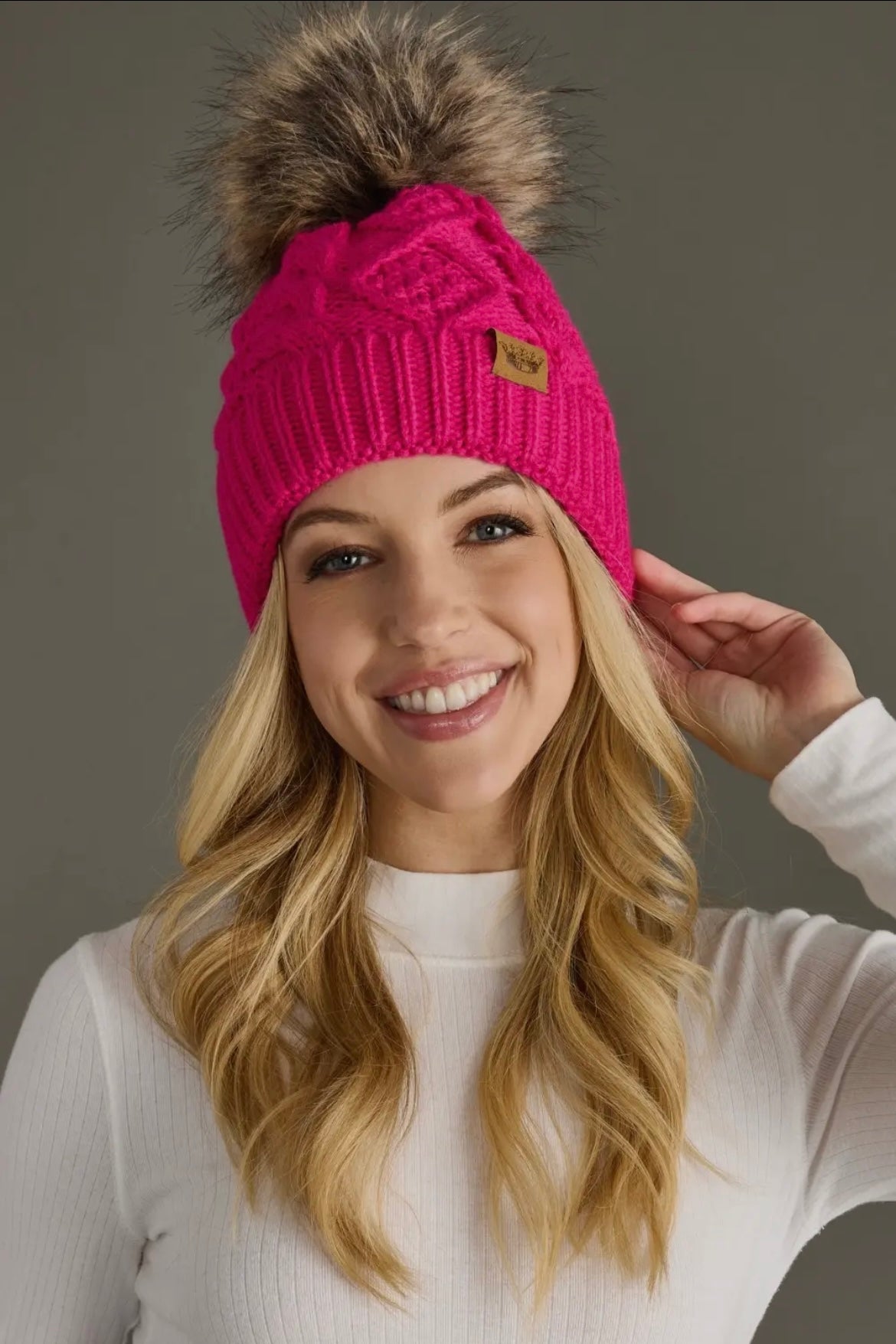 Bright Pink Cable Knit Pom Hat