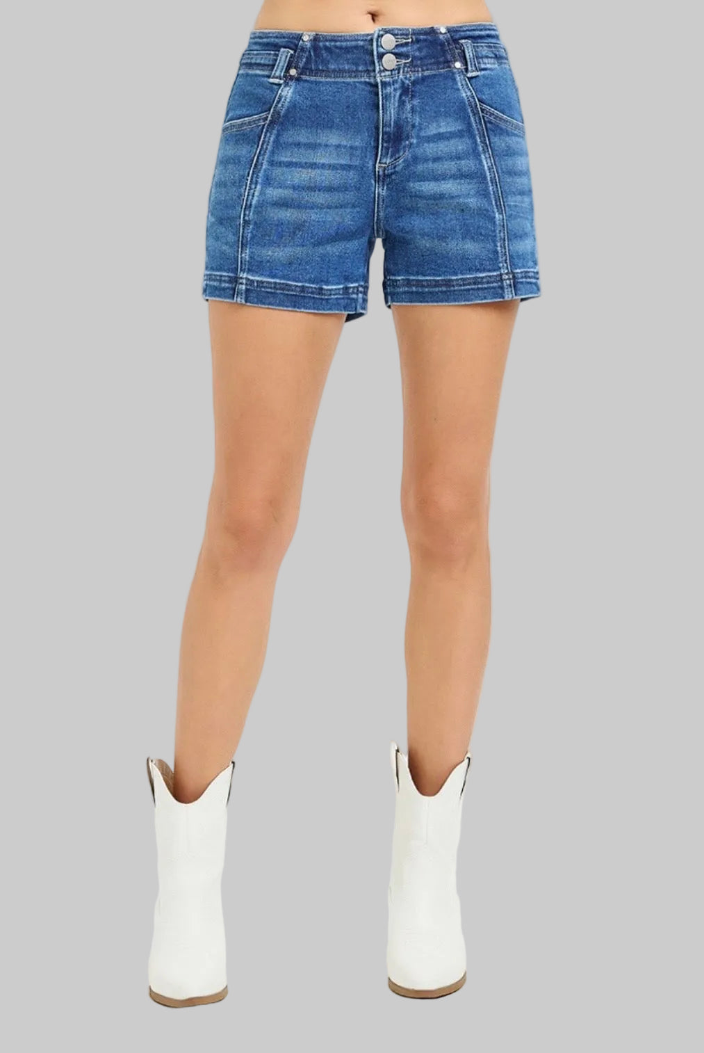 Risen Mid Rise Seam Detail Denim Shorts