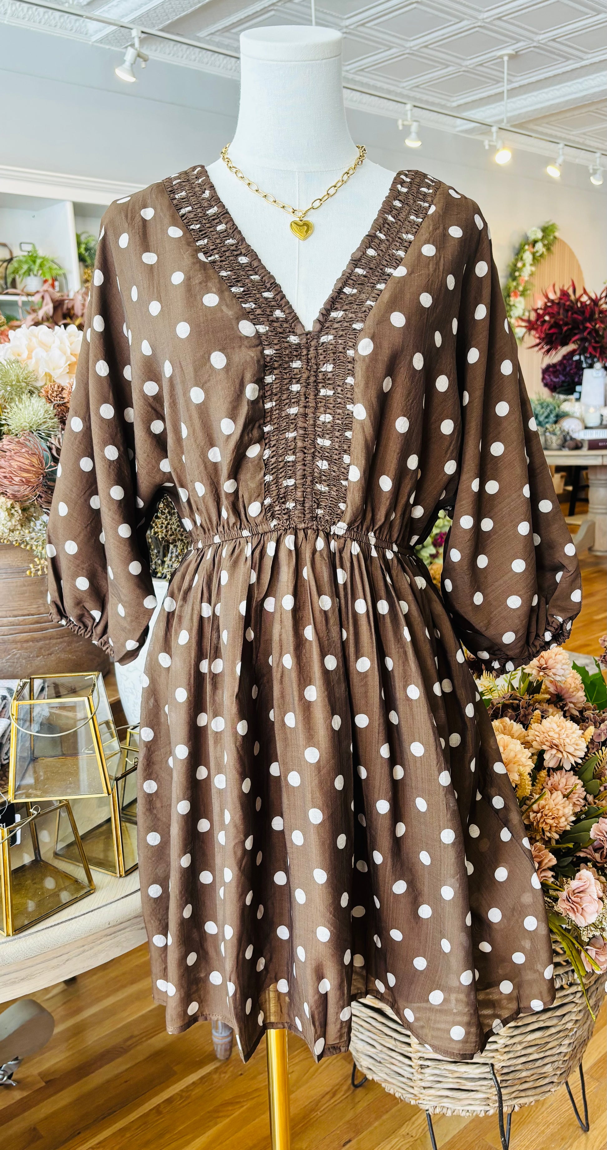 Smocked Neckline Polka Dot Dolman Dress