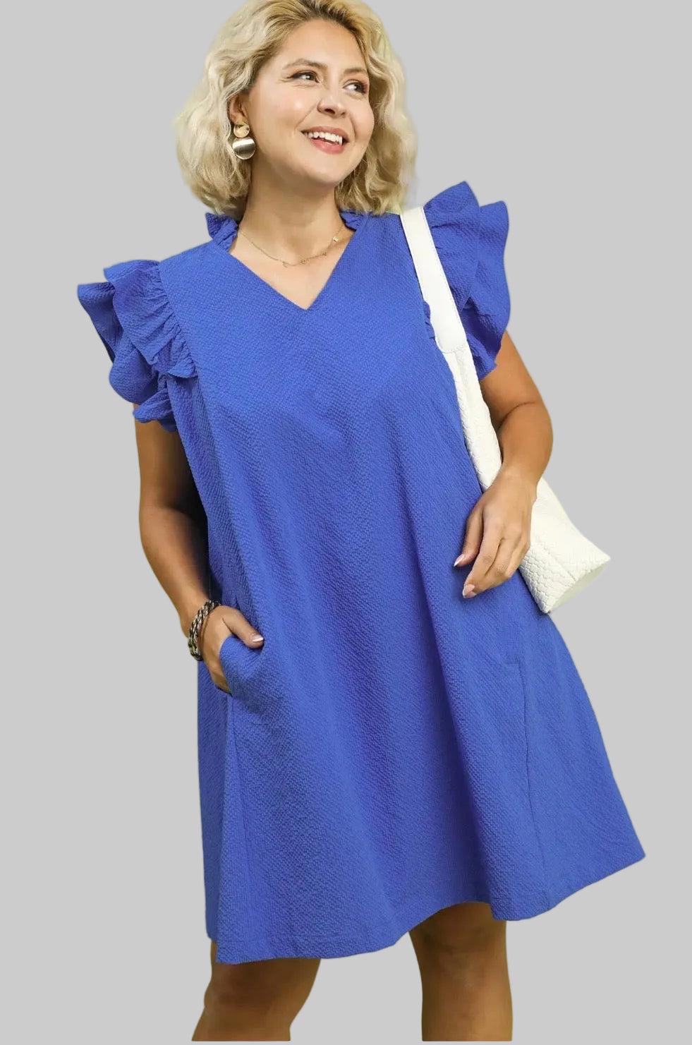 Curvy Textured Ruffle Sleeve Shift Dress