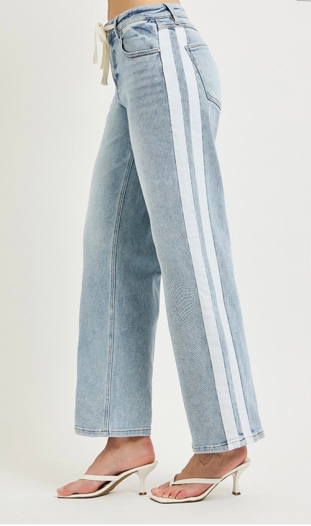 Risen Side White Stripe Drawstring Waist Jean