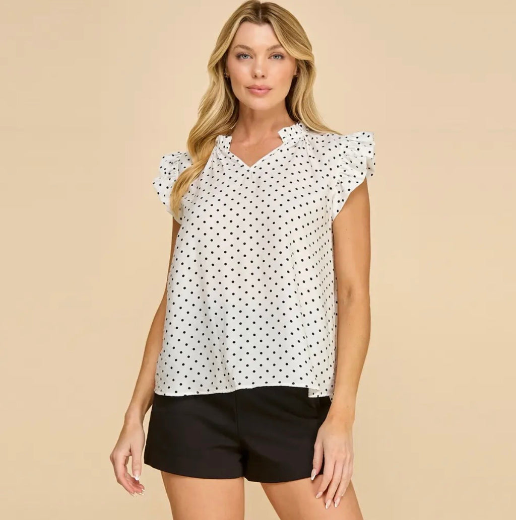 Polka Dot Ruffle Sleeve V-Neck Top