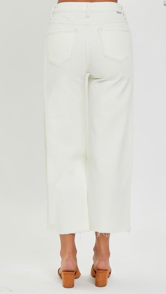 Risen Cream Crop Wide Leg Raw Hem Jeans