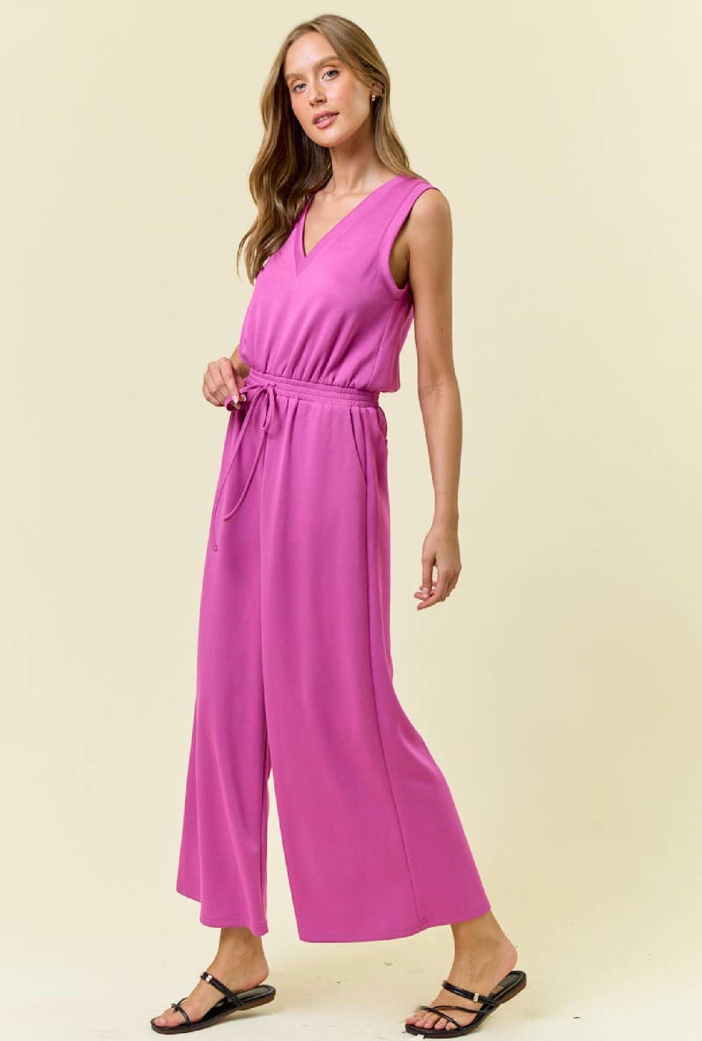 V NECK BRUSHED MODAL WIDE CULOTTE LEG JUMPSUIT