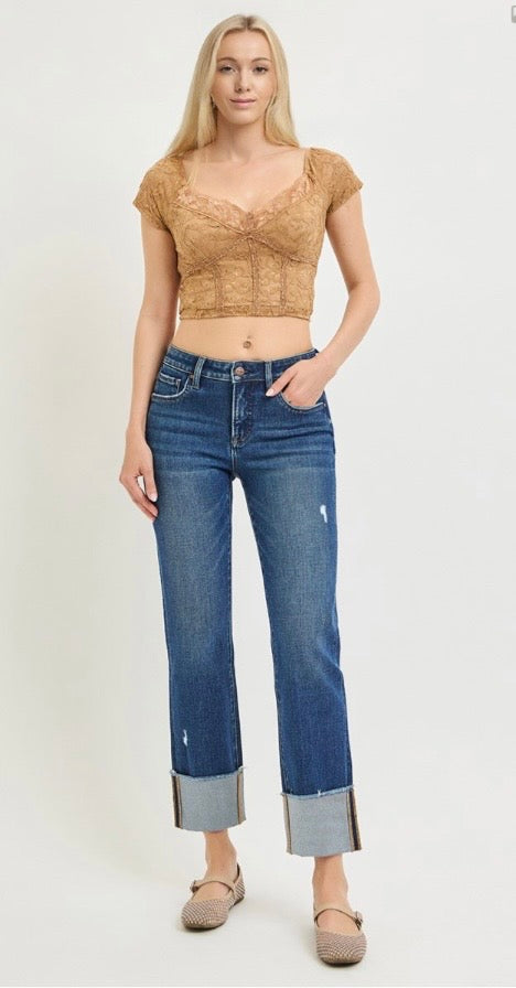 RISEN TUMMY CONTROL 4 WAY STRETCH MID RISE CROP STRAIGHT CUFFED JEAN