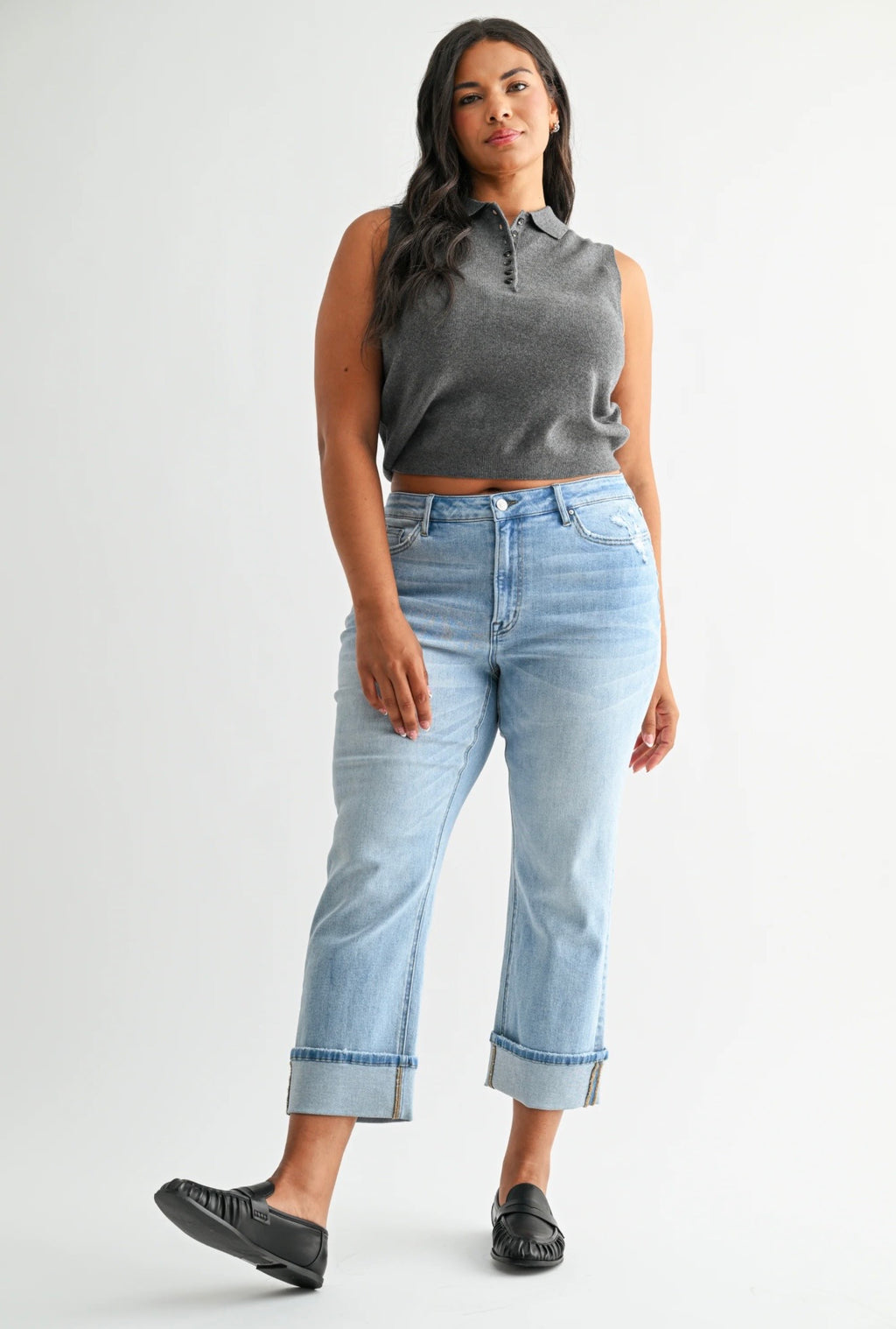 Curvy Mica Mid-Rise Cuffed Straight Leg Jeans