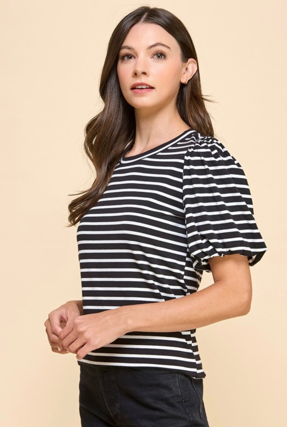 Striped Knit Top with Puff Sleeves