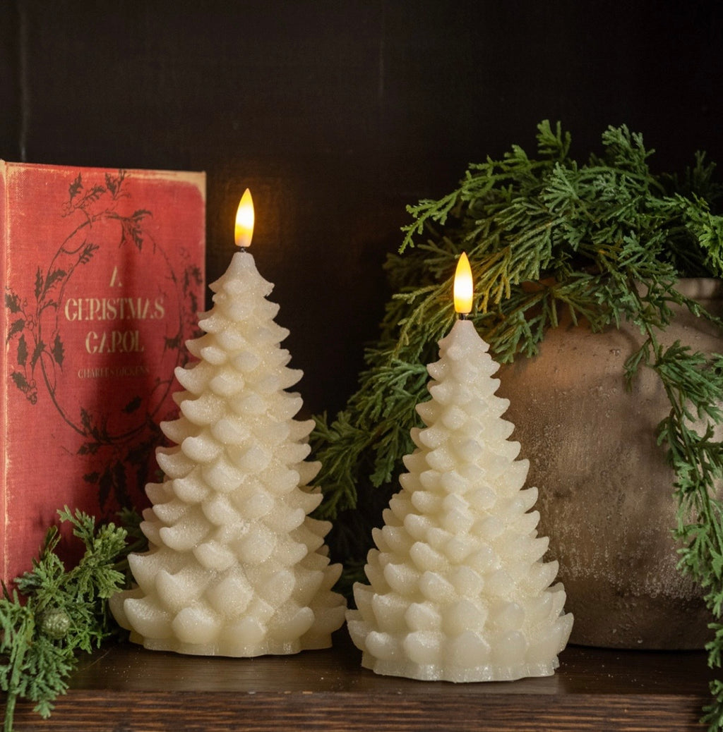 8" CREAM SHIMMER 3D FLAME BALSAM TREE CANDLE