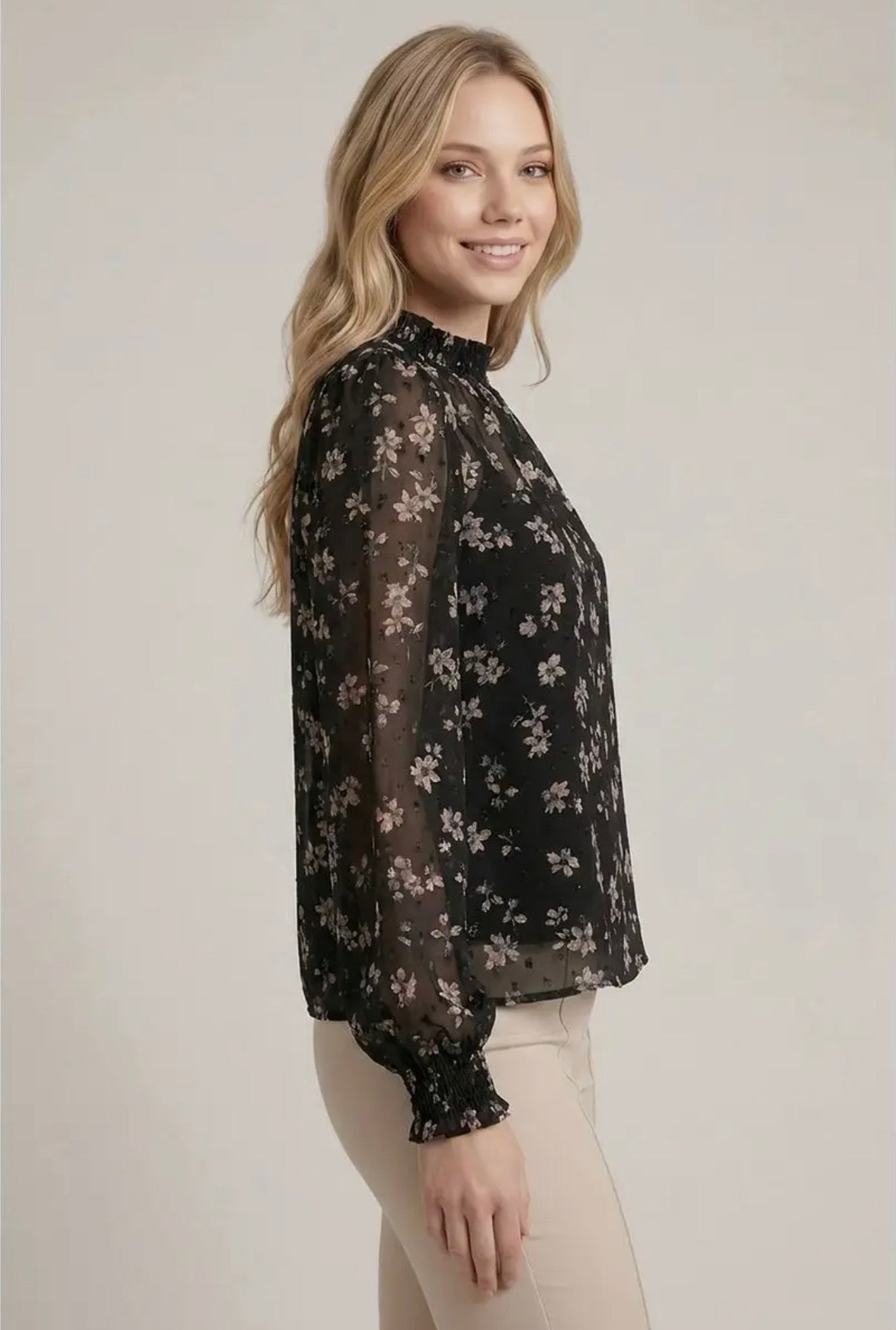 Floral Print Dot Texture Blouse
