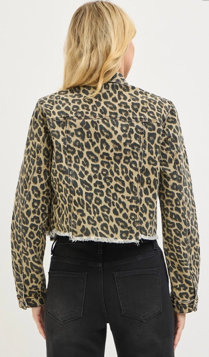 Risen Leopard Frayed Hem Denim Jacket