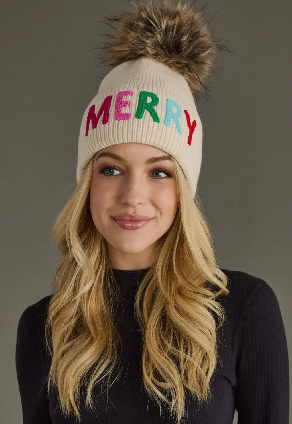 Beige Merry Knit Pom Hat