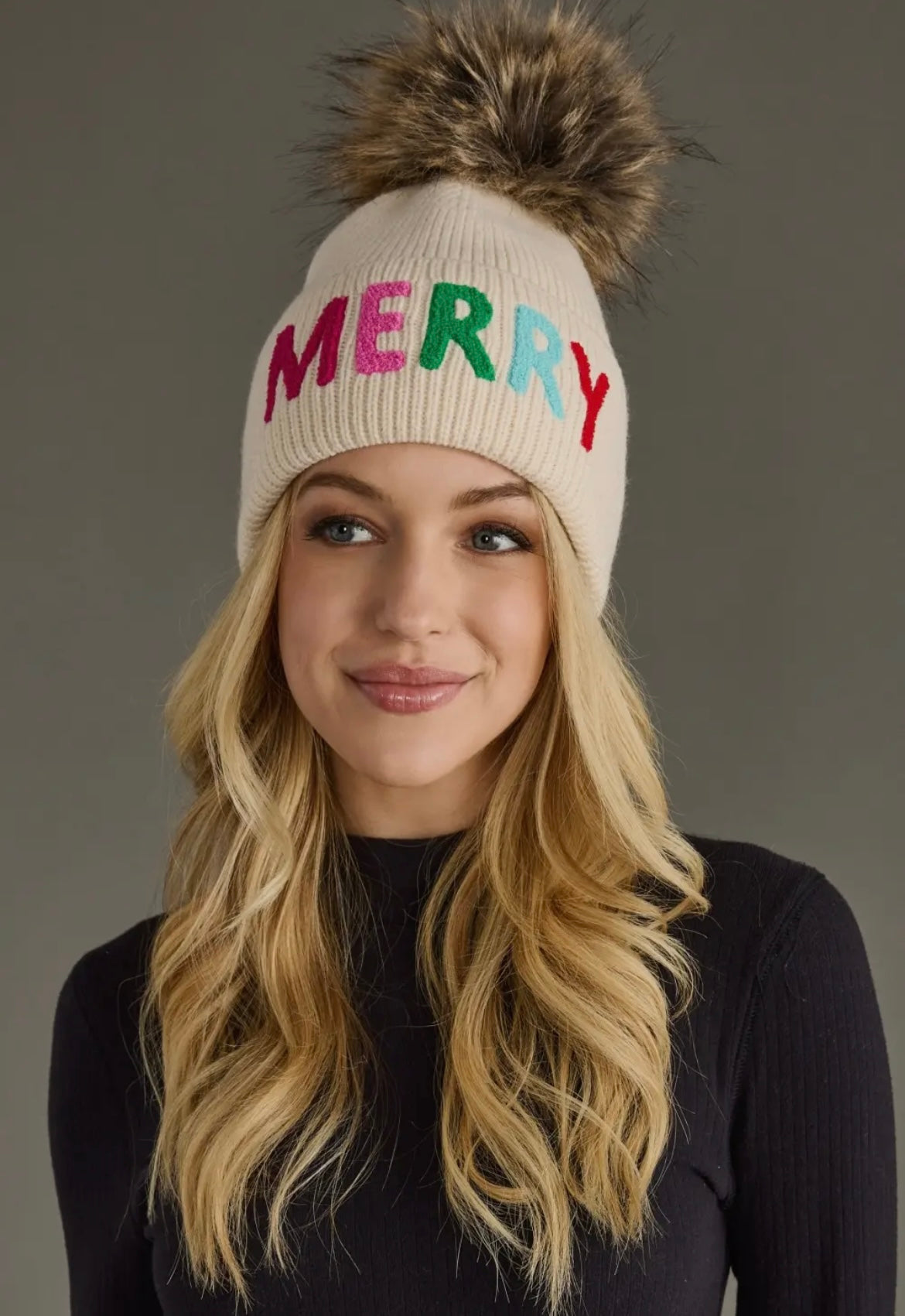 Beige Merry Knit Pom Hat
