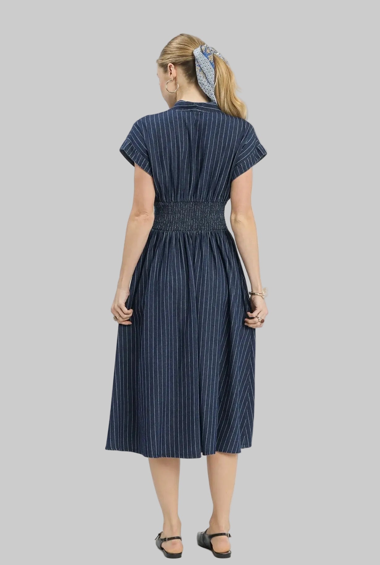 Pinstripe Smocked Waist Denim Midi Dress