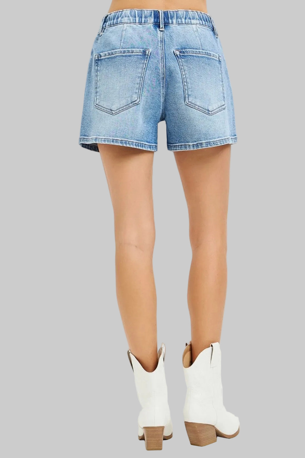 Risen Elastic Band Front Tie Denim Shorts