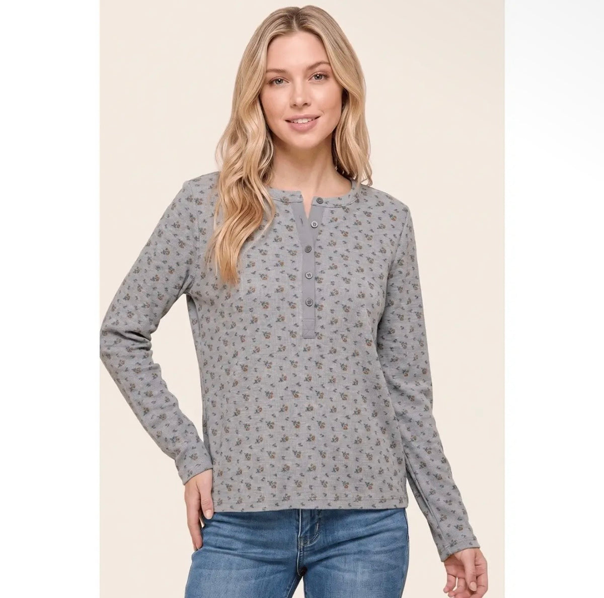 Floral Print Ribbed Henley Top