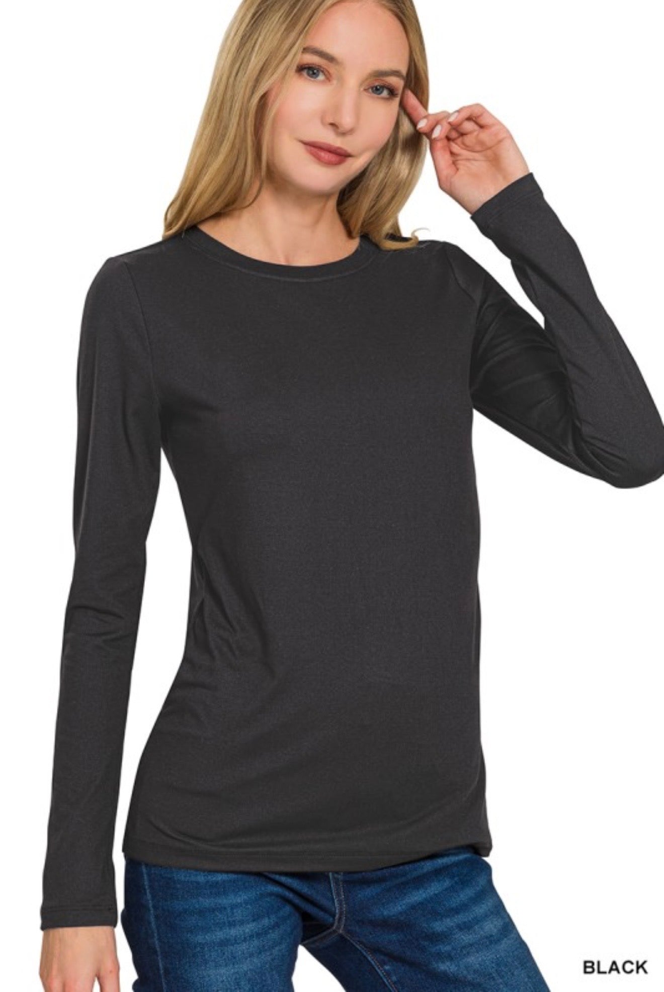 Brushed Microfiber Long Sleeve Round Neck Basic Layering Tee - Sizes up to 3X
