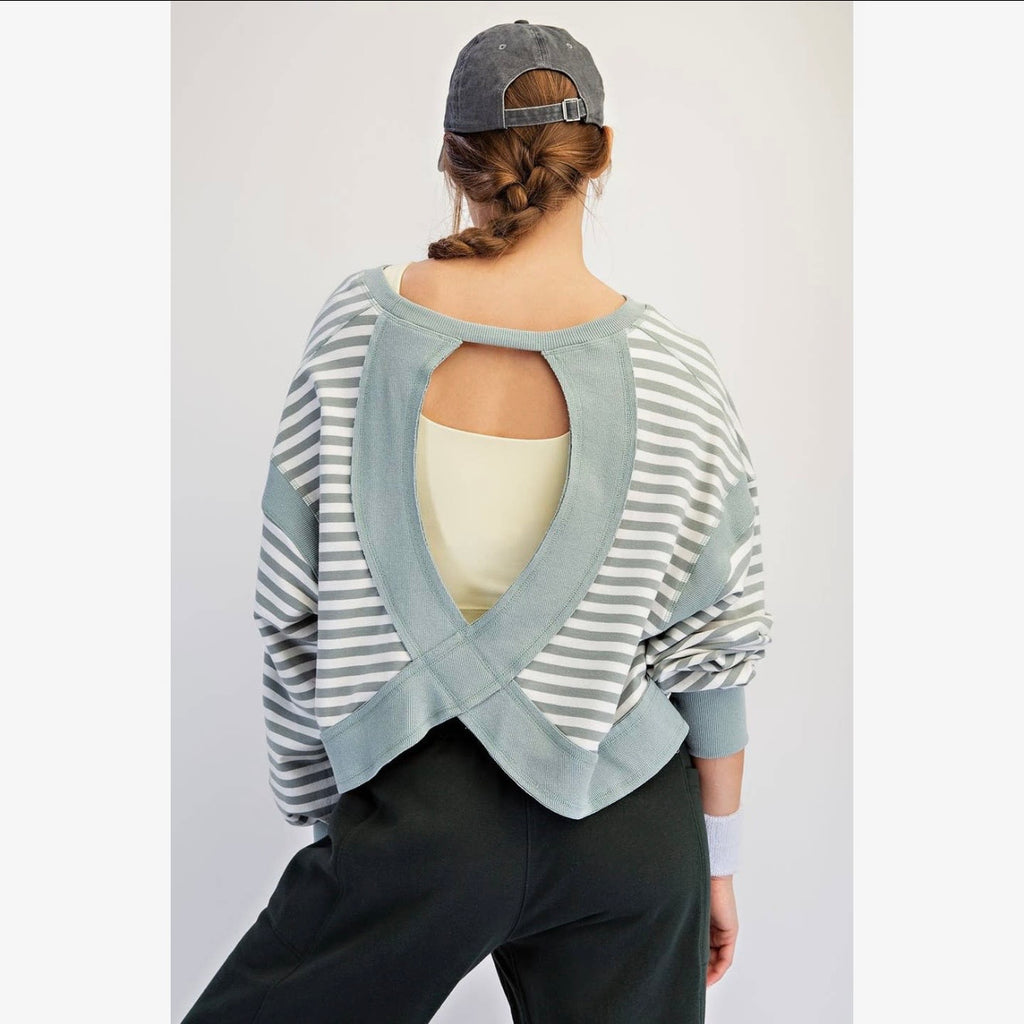 Striped Terry Open Back Long Sleeve Top