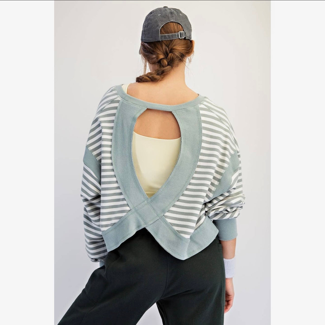 Striped Terry Open Back Long Sleeve Top