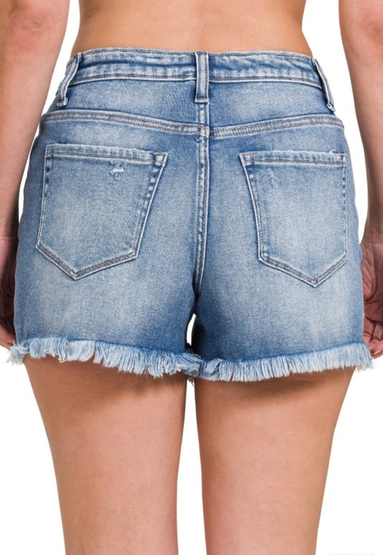 Mid Rise Raw Hem Denim Shorts