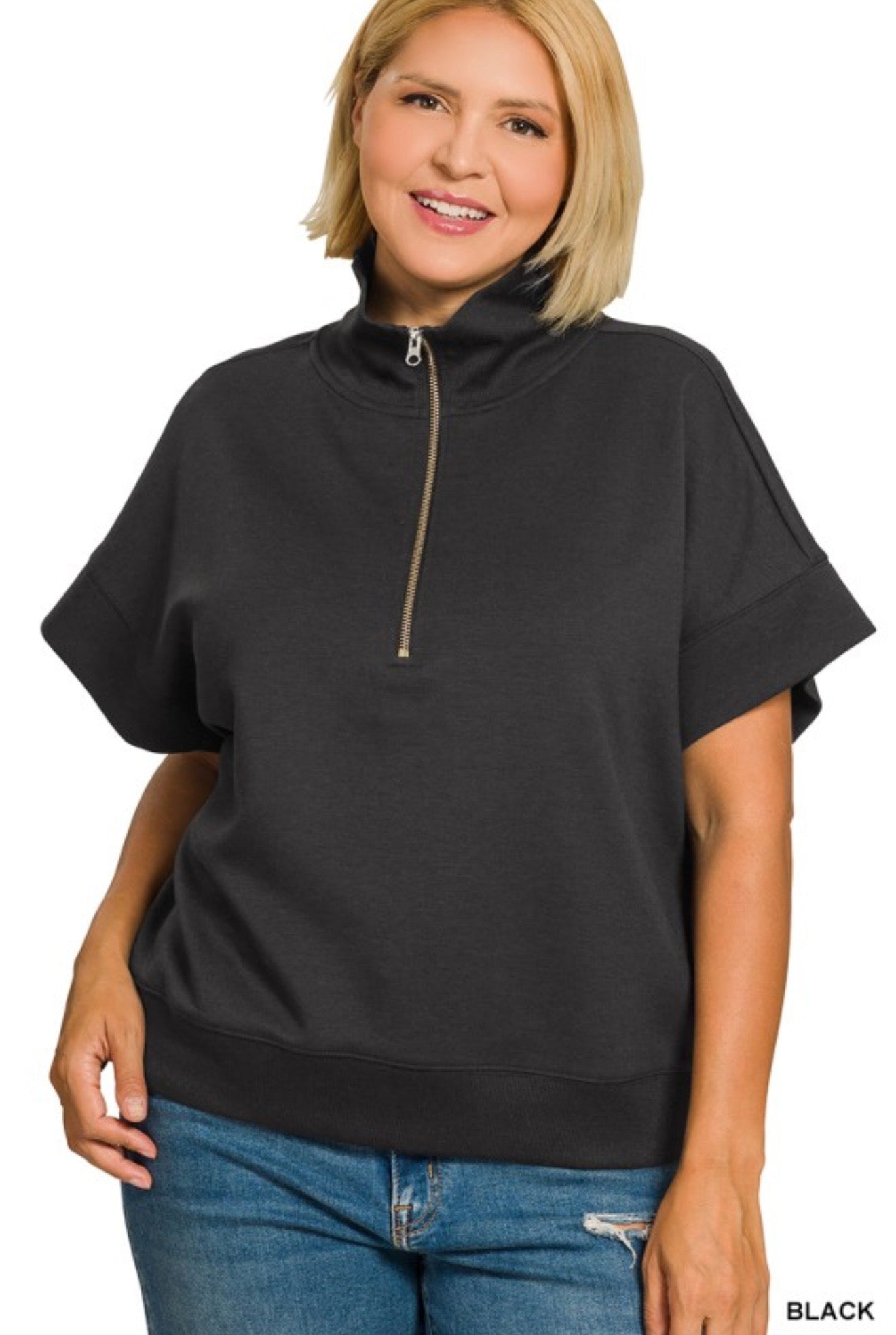 Curvy Scuba High Neck Half Zip Short Sleeve Pullover