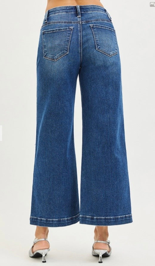 Risen High Rise Wide Leg Pocket Button Detail Jeans