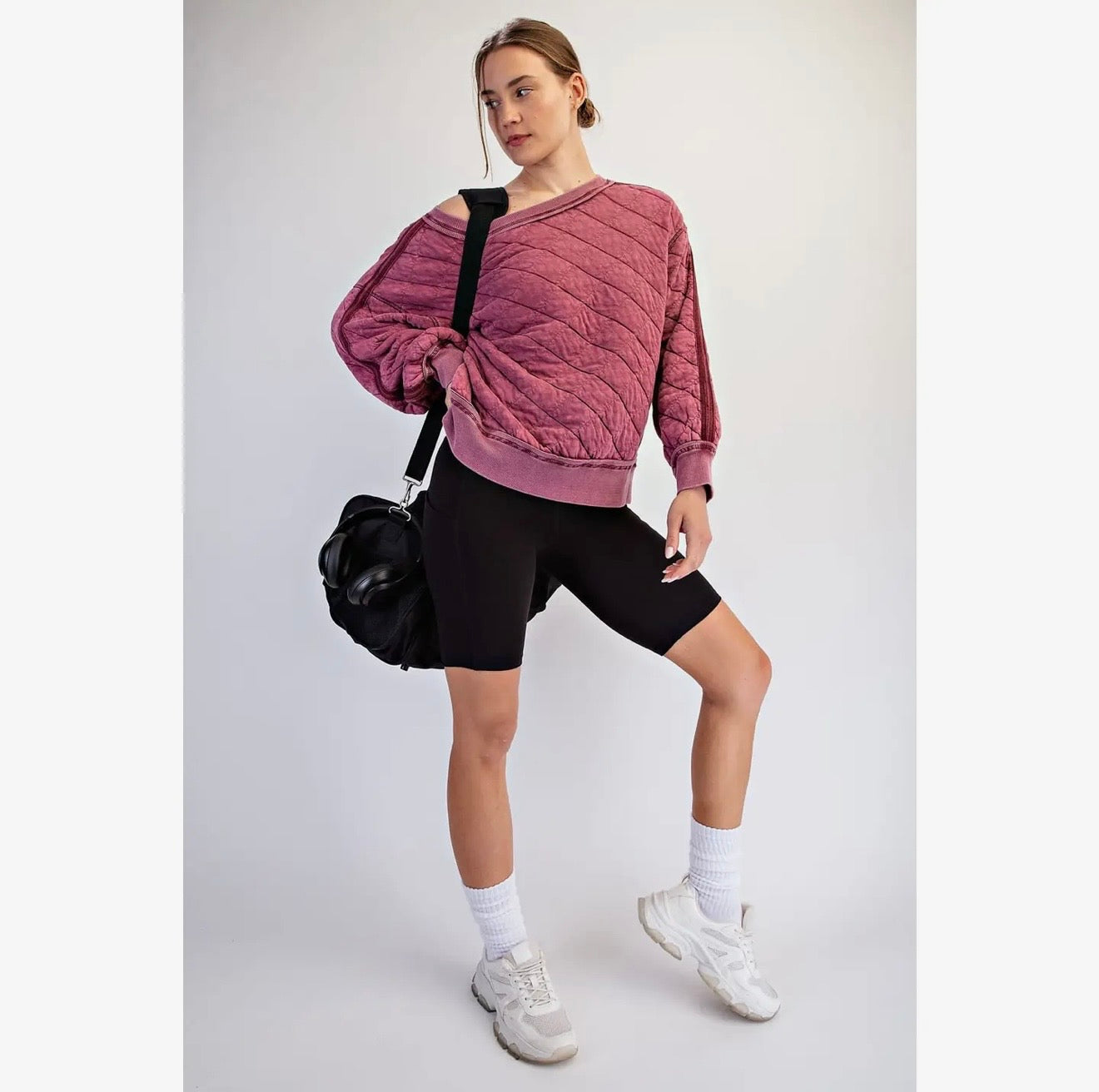 Mineral Wash Quilted Off Shoulder Sweatshirt