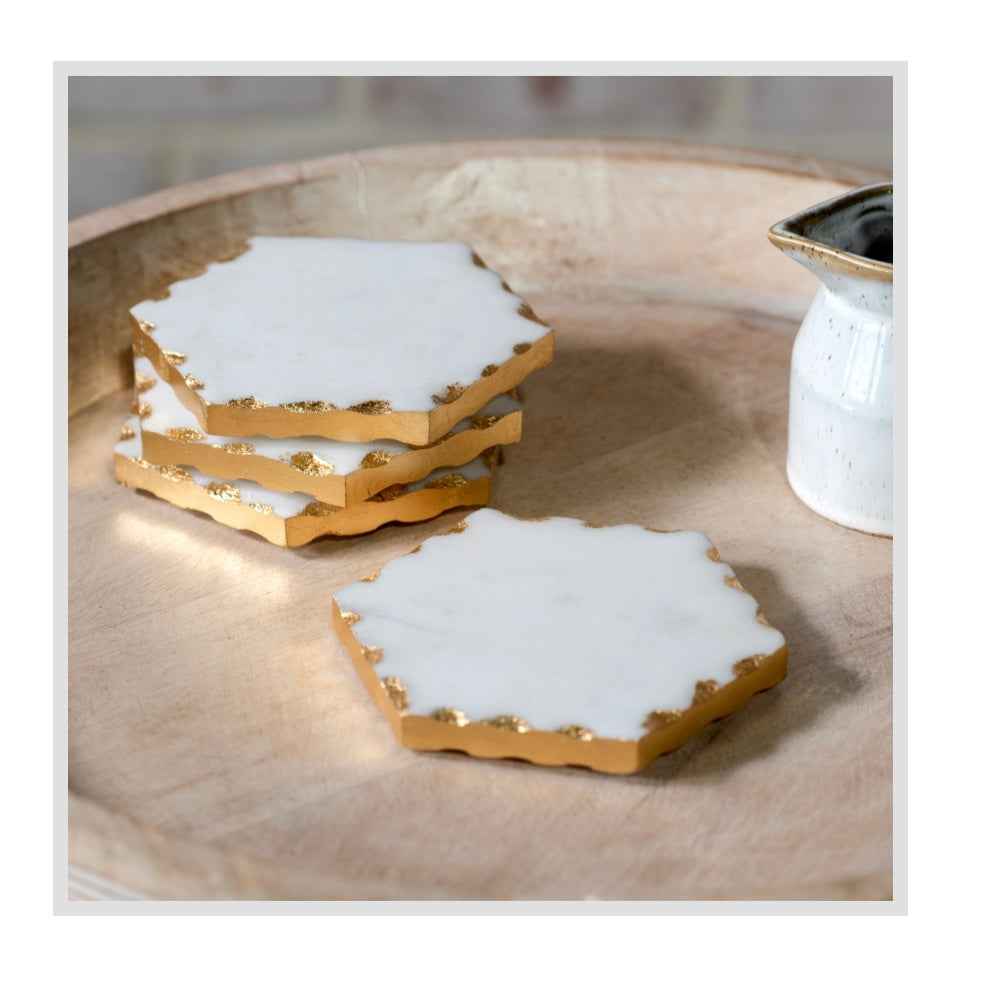 S/4 MARBLE/GOLD FOIL EDGE COASTERS