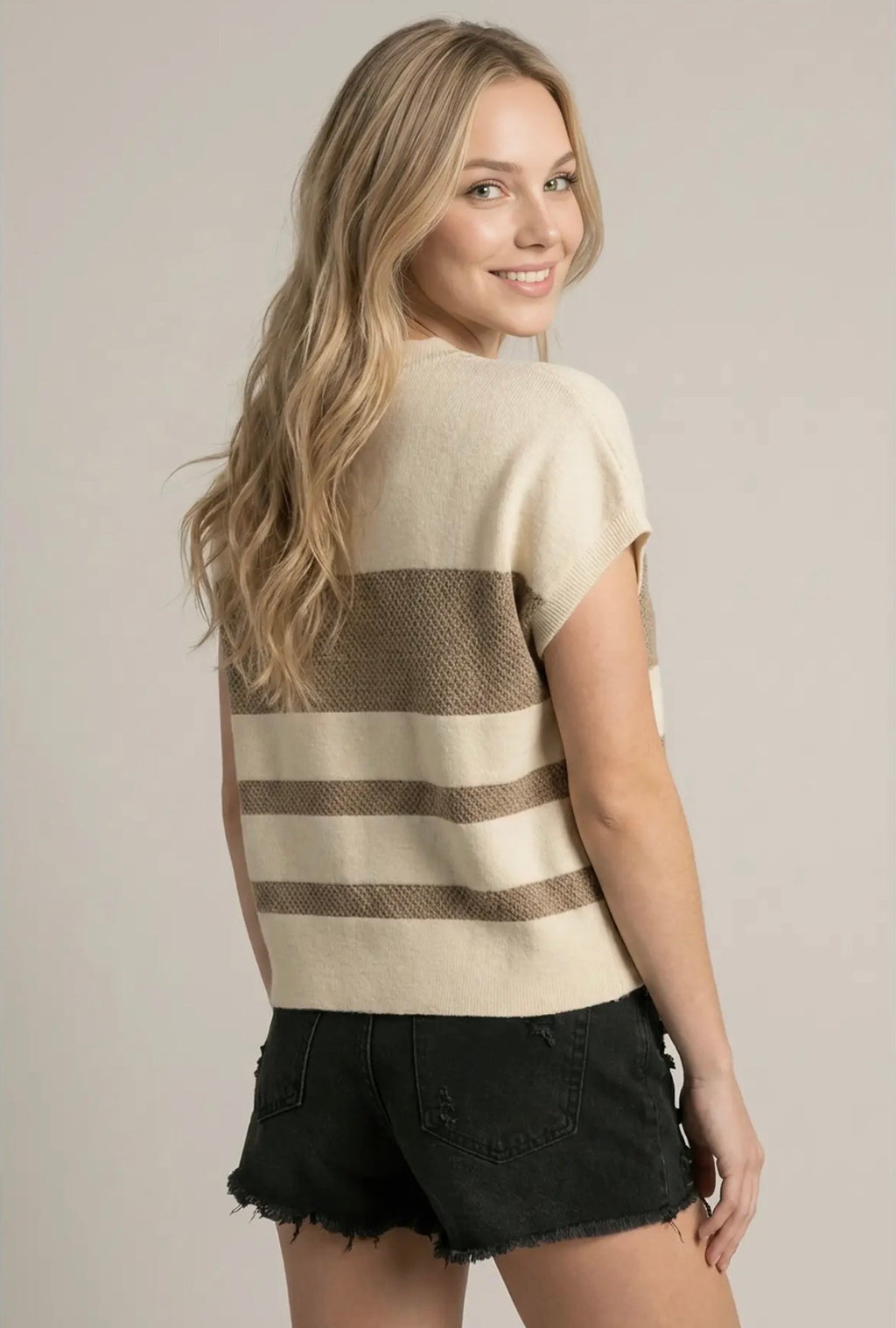 Crew Neck Stripe Short Sleeve Sweater