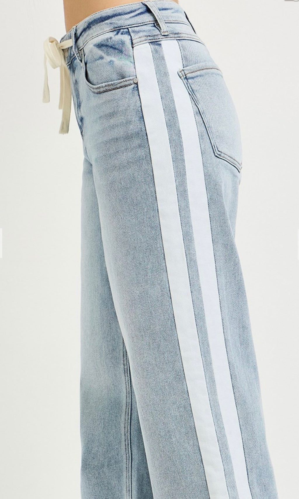 Risen Side White Stripe Drawstring Waist Jean