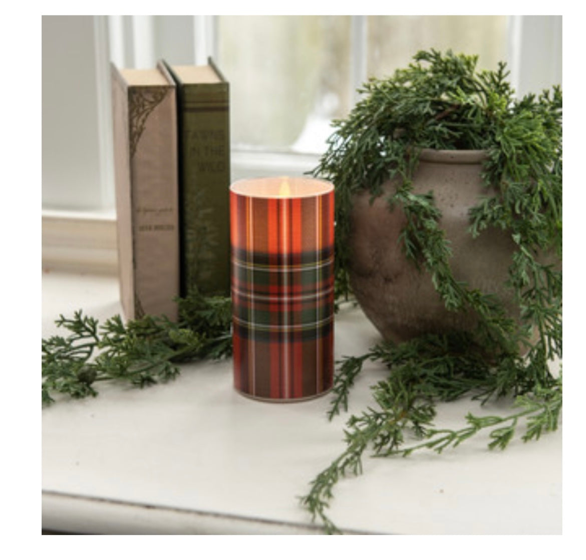 6" Red Tartan Plaid LED Candle