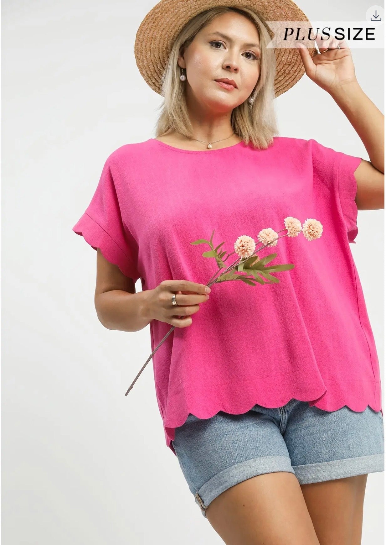 Curvy Scallop Hem Linen Blend Top