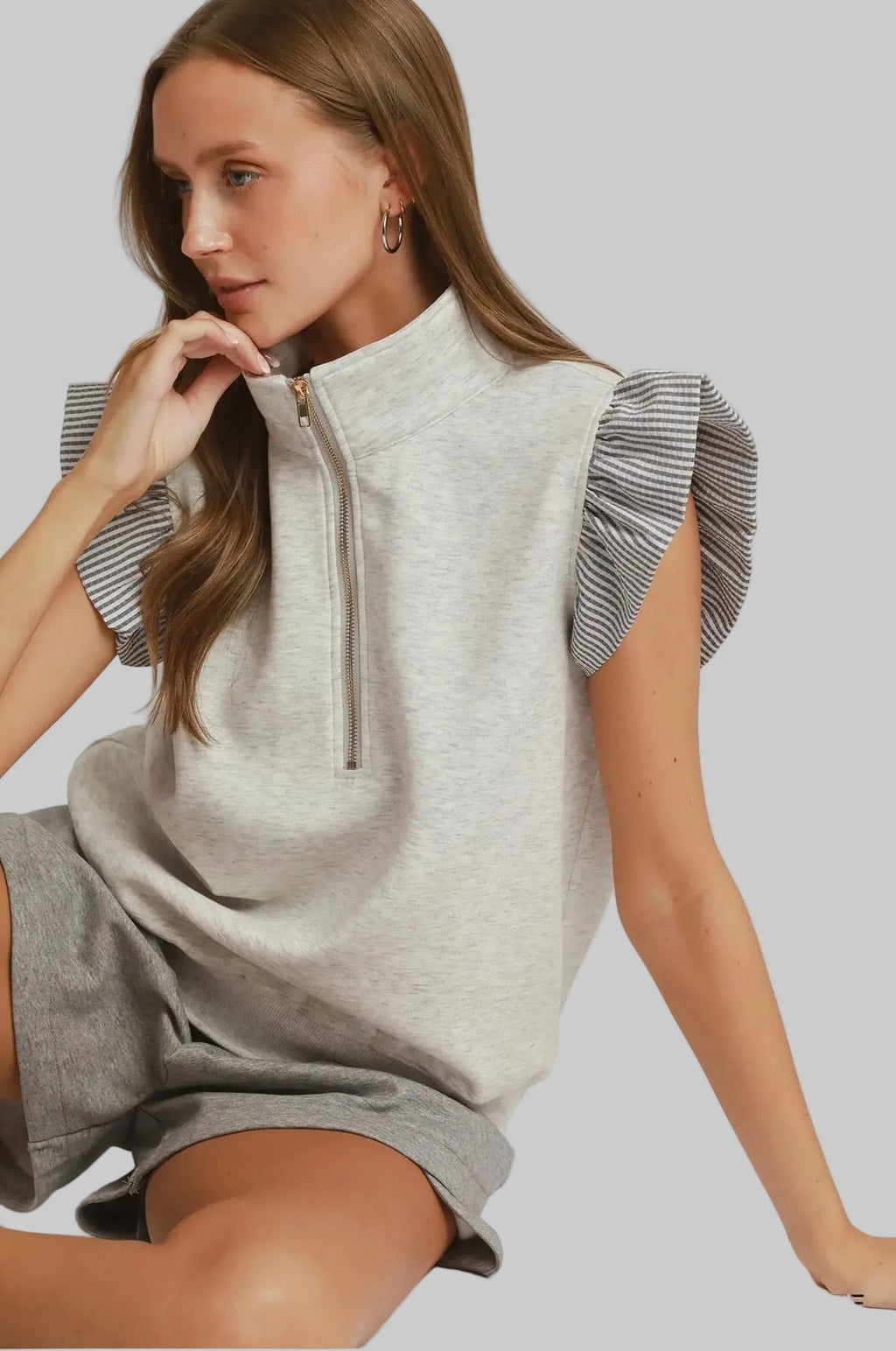 Luxe Knit Ruffle Sleeve Quarter Zip Top