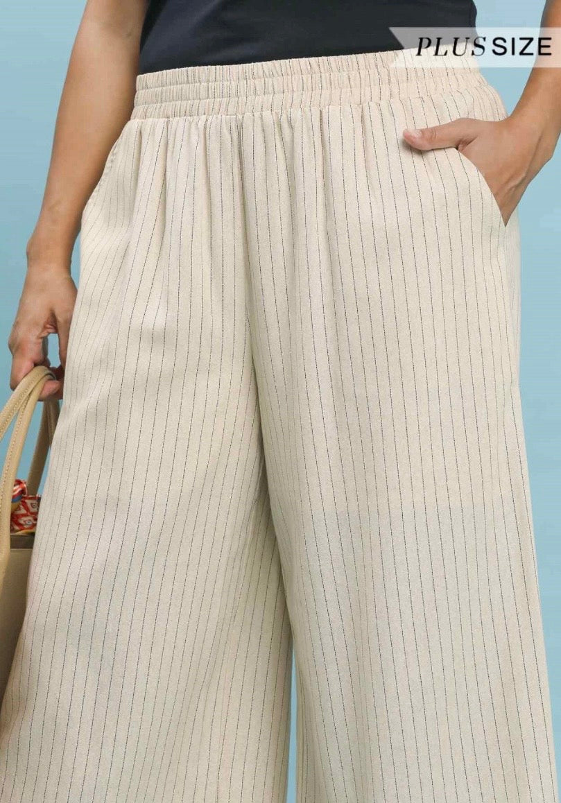 Curvy Pinstripe Wide Leg Linen Pant