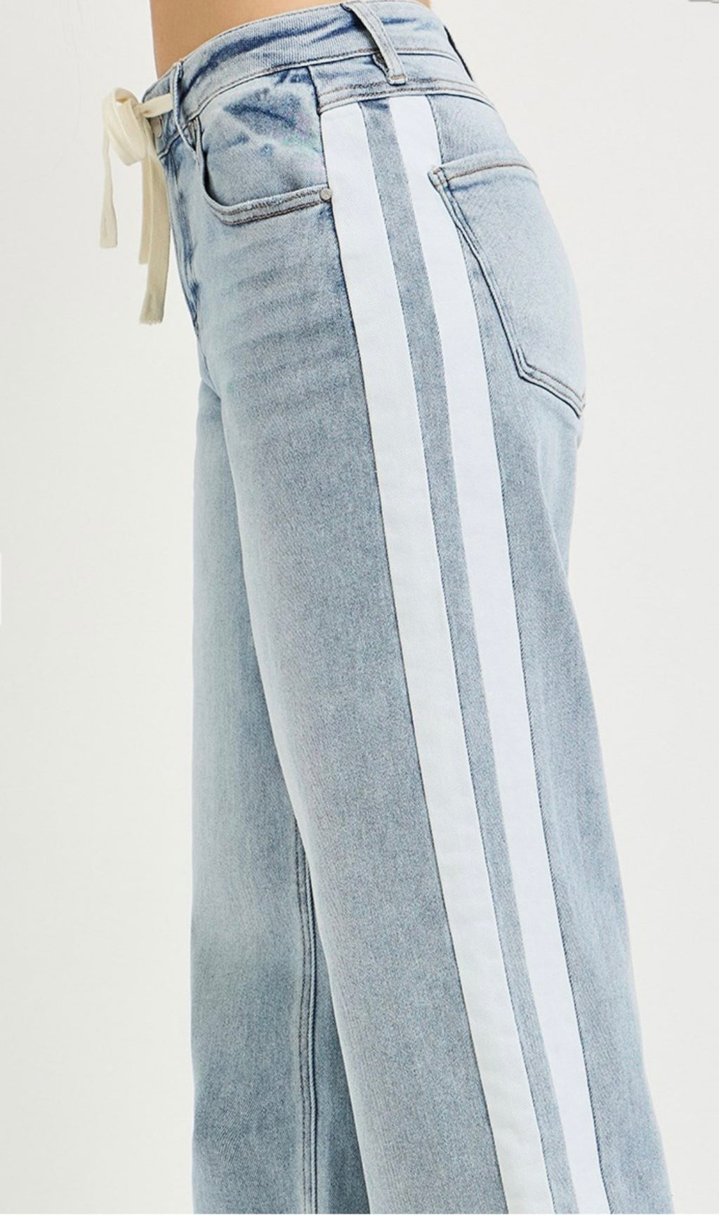 Risen Side White Stripe Drawstring Waist Jean
