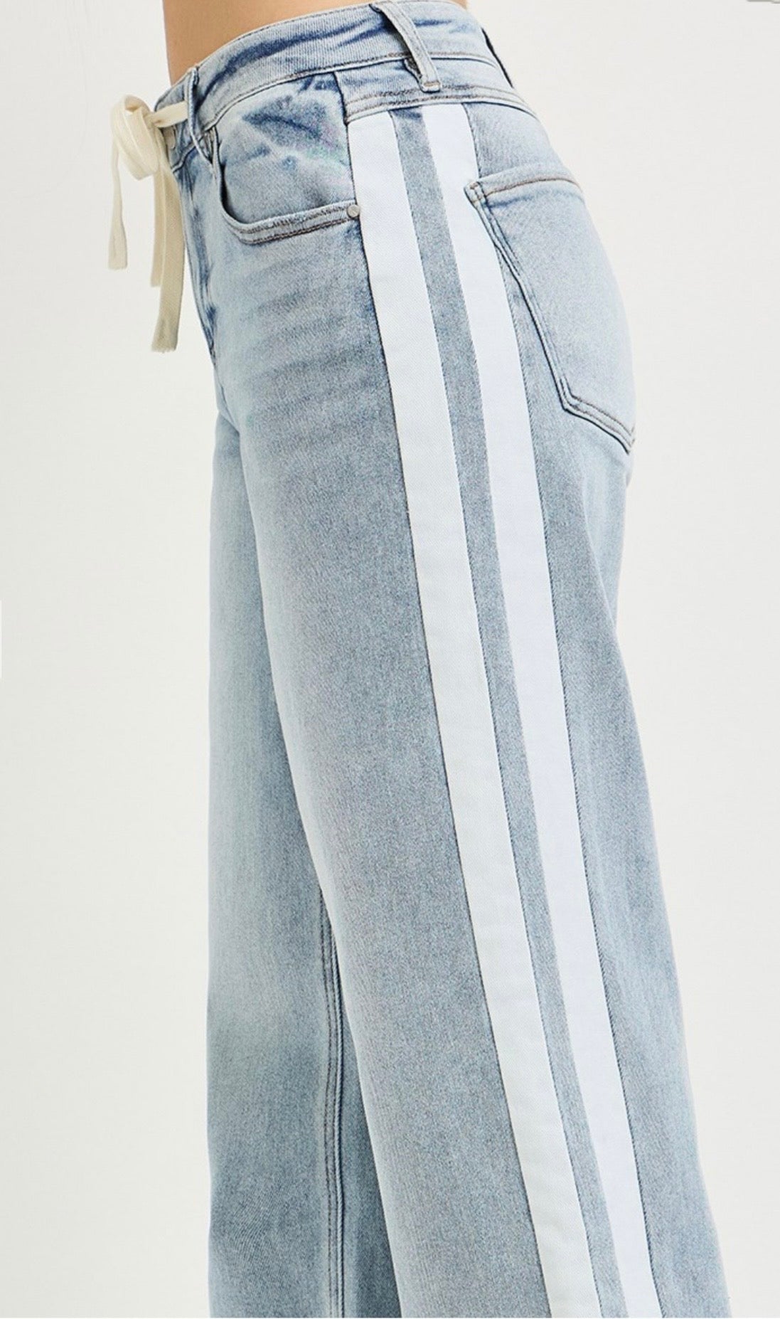 Risen Side White Stripe Drawstring Waist Jean