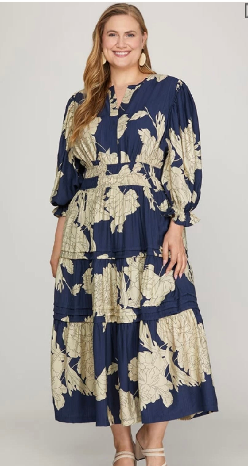 Curvy Tiered Floral Print Midi Dress