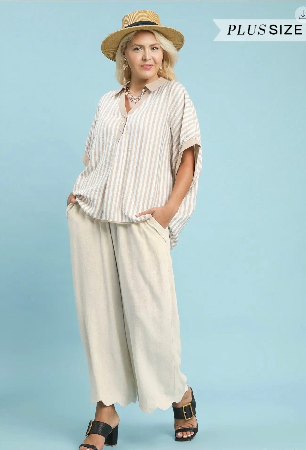 Curvy Linen Blend Scallop Hem Wide Leg Pants