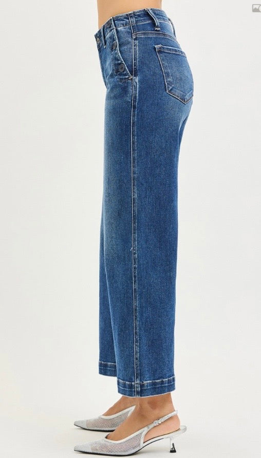 Risen High Rise Wide Leg Pocket Button Detail Jeans