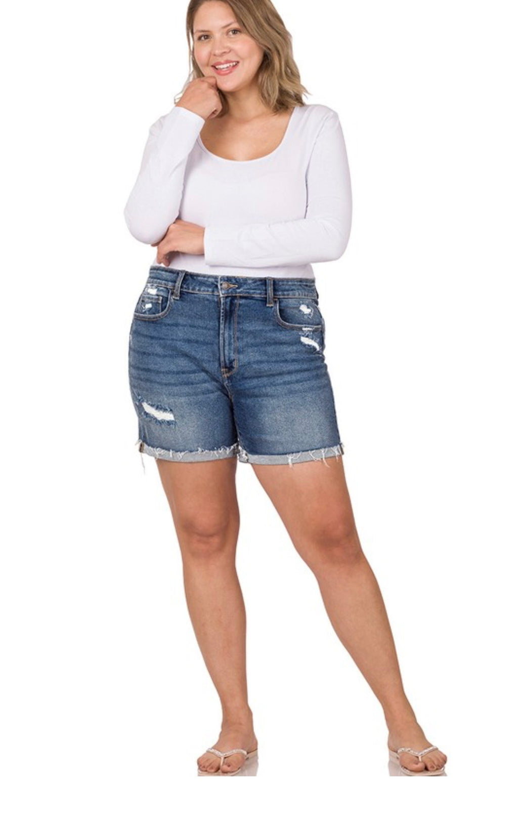 Curvy Cuffed Raw Hem Denim Shorts
