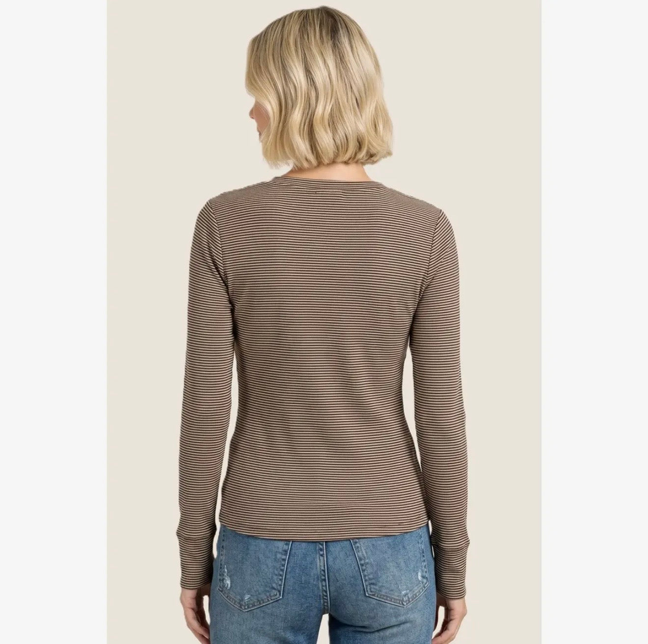 Half Button Pinstripe Long Sleeve Top