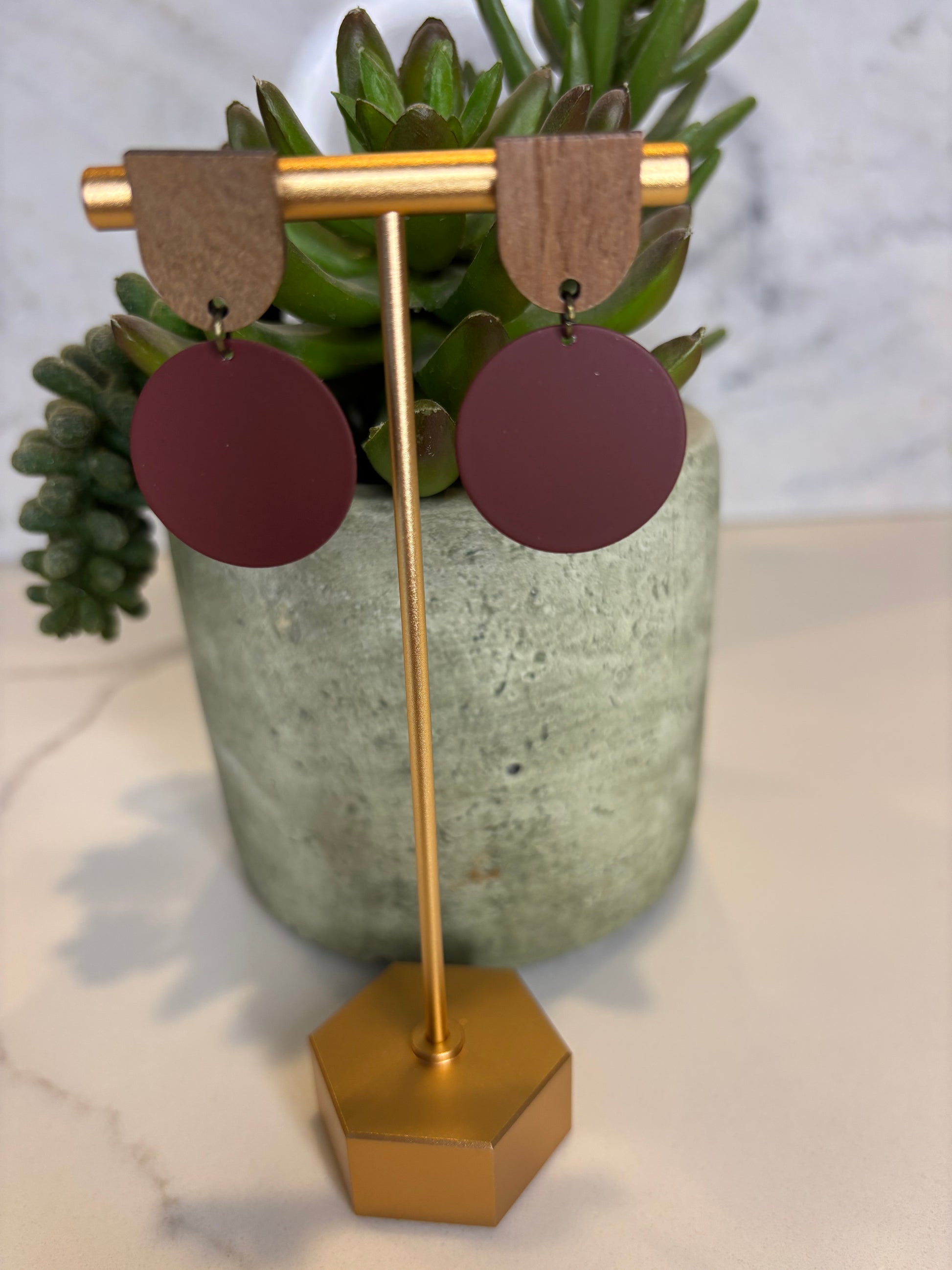 Metal and wood square earrings