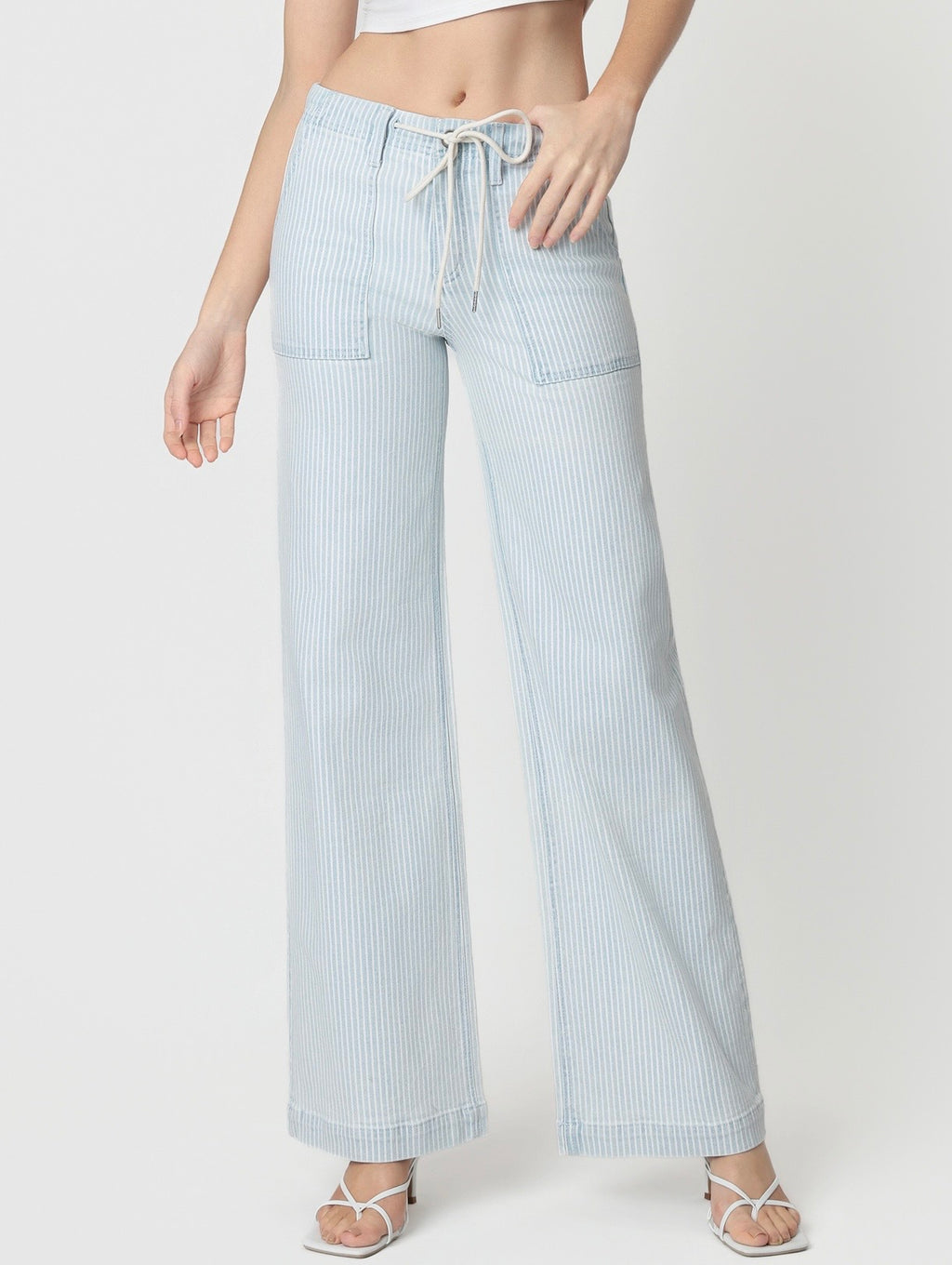 Lovervet High Rise Drawstring Elastic Waist Striped Wide Jeans