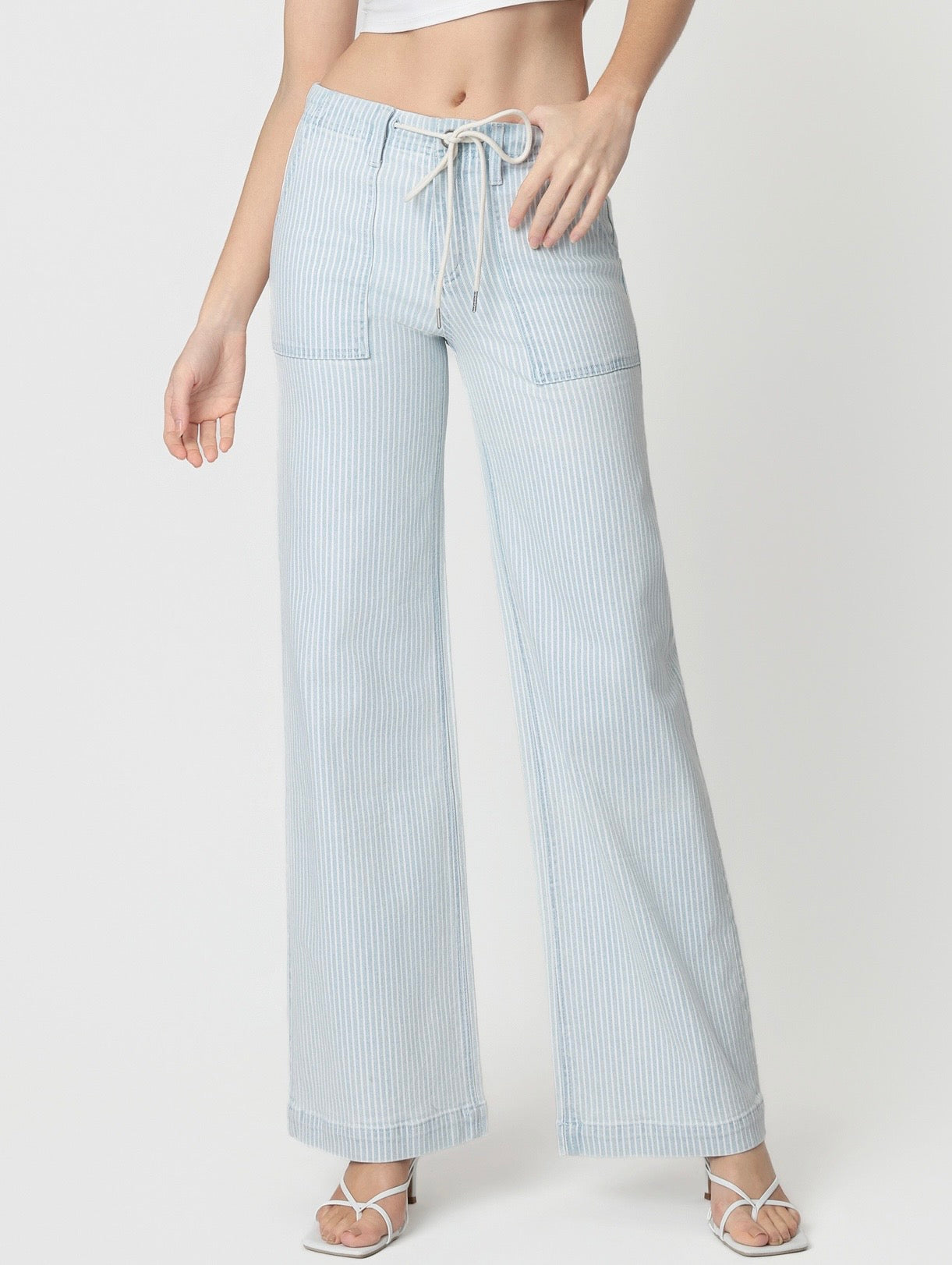 Lovervet High Rise Drawstring Elastic Waist Striped Wide Jeans