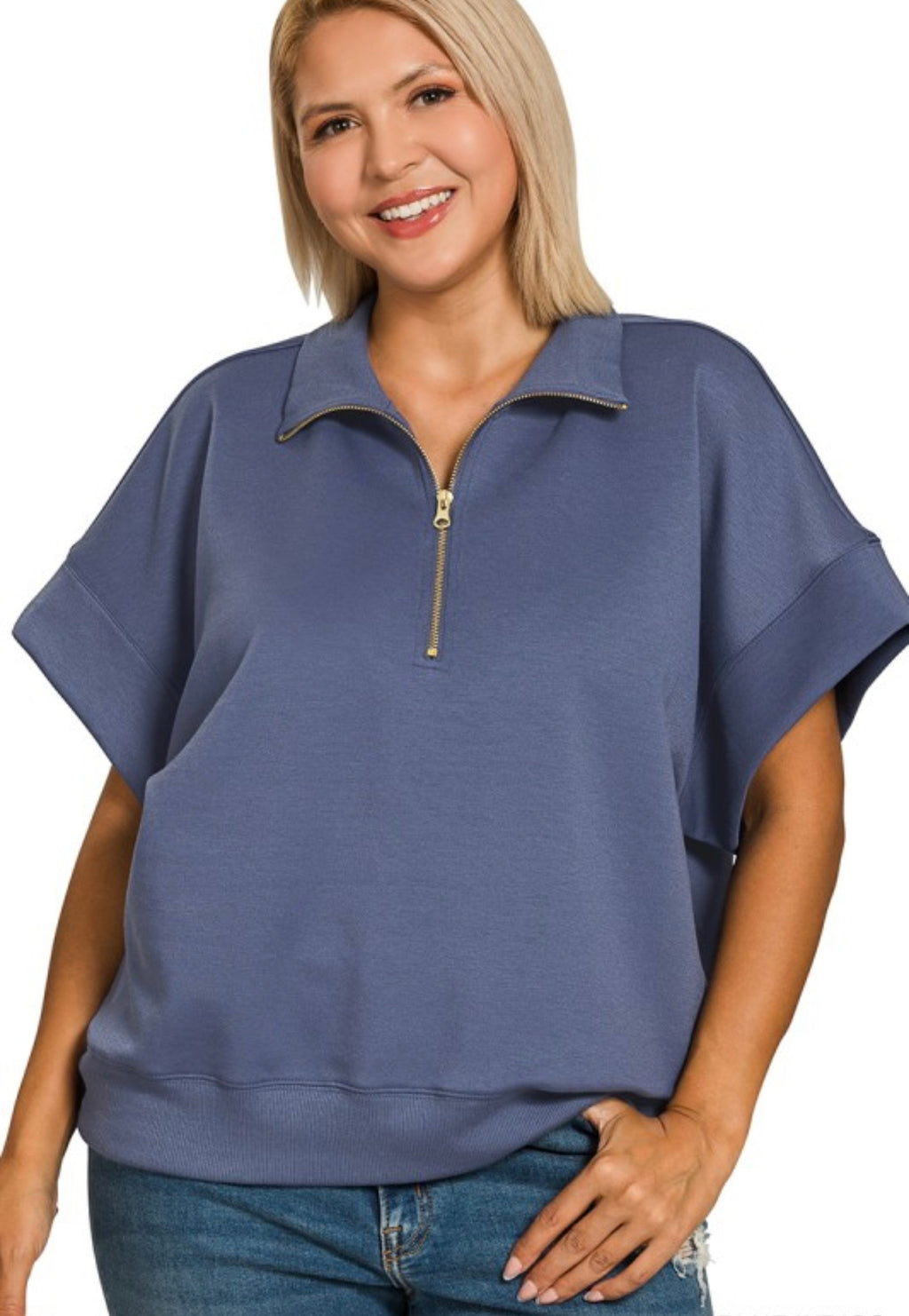 Curvy Scuba High Neck Half Zip Short Sleeve Pullover