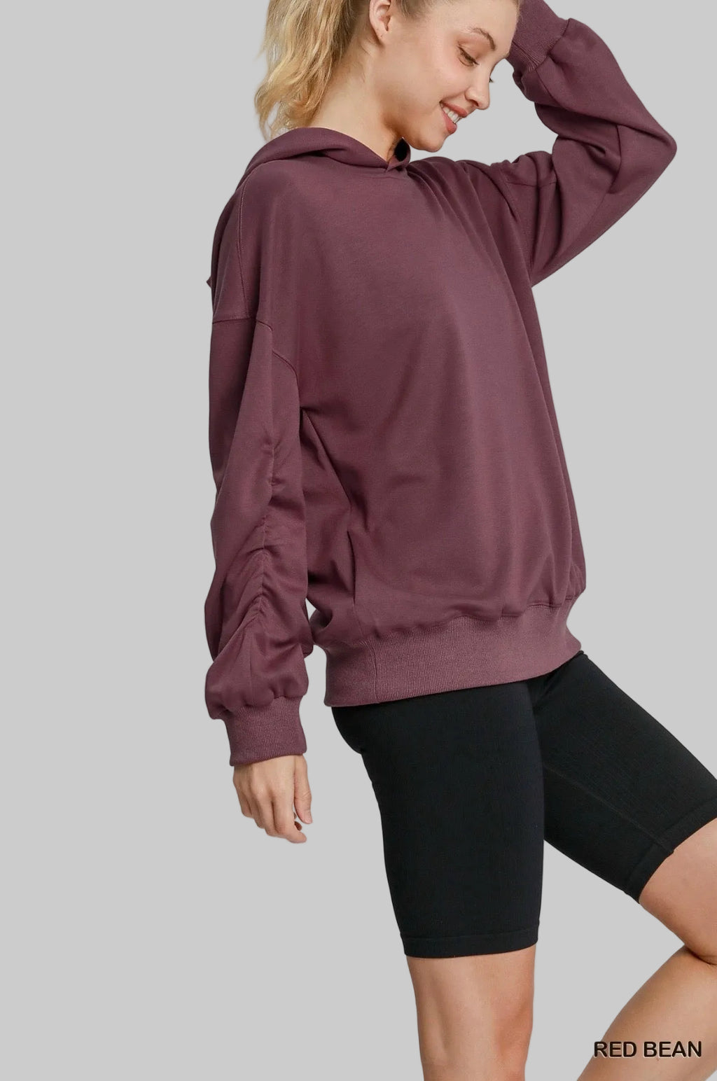 Luxe knit Ruched Sleeve Hooded Sweatshirt